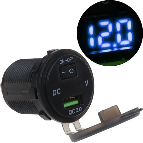 Chargeur de voiture universel 12-24 V avec voltmètre LED, interrupteur marche/arrêt et prise USB 18 W compatible QC 3.0