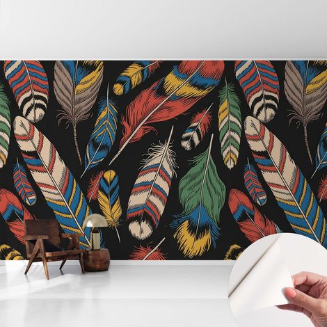 Papier peint adhésif avec colle pour décoration moderne de salon chambre à coucher cuisine et bureau Facile Plumes colorées 416x254 cm (1/5)