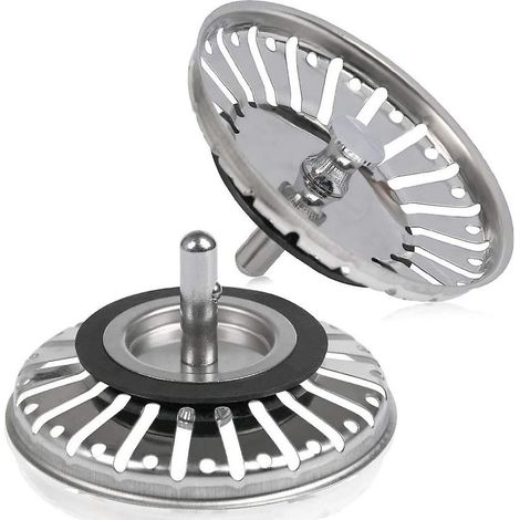 Lot de 2 crépines/bouchons d'évier, diamètre 80 mm, avec embout sphérique, en acier inoxydable, pour cuisine/salle de bain. (1/5)