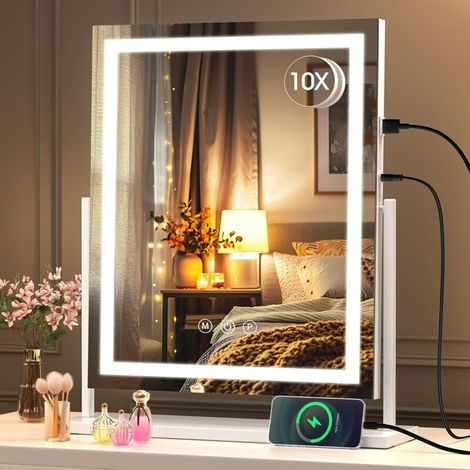 Beleuchteter Kosmetikspiegel, 40 x 50 cm LED-Schminkspiegel, beleuchteter Spiegel mit Smart-Touch-Funktion, 3 Farbmodi und Helligkeitsregelung, 10-fache Vergrößerung, 360°-Drehung (1/4)