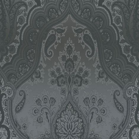 Barock Tapete Profhome 387085 heißgeprägte Vliestapete glatt mit Paisley Muster glitzernd schwarz dunkel-grau gold 5,33 m2