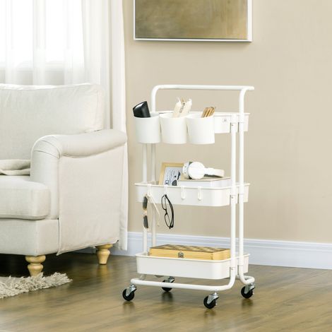 Servierwagen mit 3 Etagen, 4 Haken und 3 abnehmbaren Hängeboxen, 42 x 38 x 86,5 cm, weiß