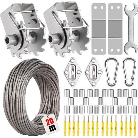 Kit d'installation pour voile d'ombrage – Acier inoxydable 304 – Treuil à cliquet en aluminium – Câble métallique 20m – Installation facile (1/5)
