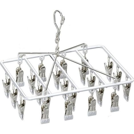 Metal Clothes Airer with 23 Clips, Sock Airer, Sock Turnstile for Underwear, Swivel Windproof Sock Hanger (White) (1/5)