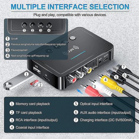 Émetteur-récepteur Bluetooth 5.0, radio FM stéréo, entrée auxiliaire, prise jack 3,5 mm, RCA, adaptateur audio Bluetooth sans fil NFC pour TV, PC et casque. (1/5)