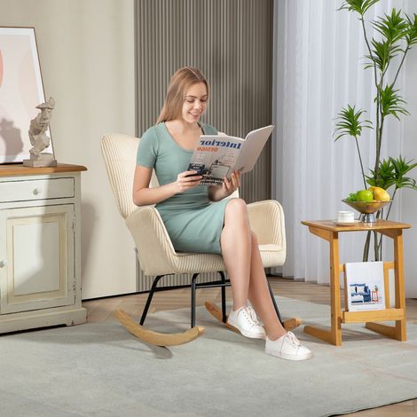 Fauteuil à bascule en tissu effet corduroy beige, avec accoudoirs et patins en bois, salon chambre (1/5)