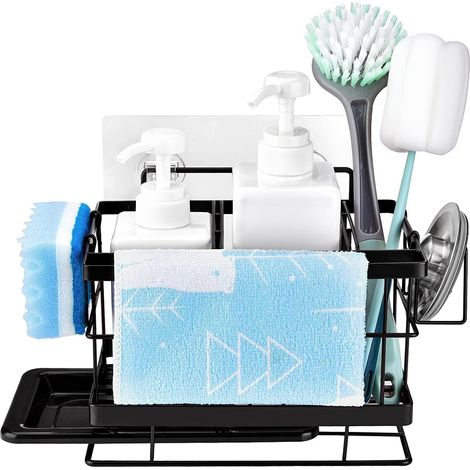 Support pour Éponge d'Évier avec Égouttoir, Support pour Ustensiles de Cuisine, Étagère en Acier Inoxydable pour le Rangement sur le Comptoir de la Salle de Bain, Noir