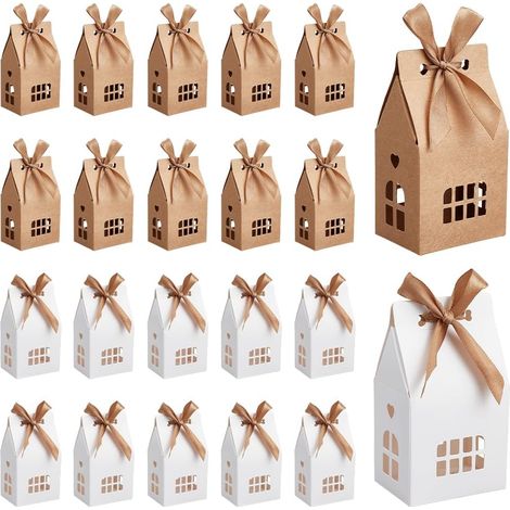 40 pezzi, 2 colori, scatole regalo natalizie a forma di casa, scatole in carta kraft con nastri, scatola bianca per dolciumi in cartone, confezione regalo per matrimoni e feste, 7x4,9x12,5 cm (1/5)