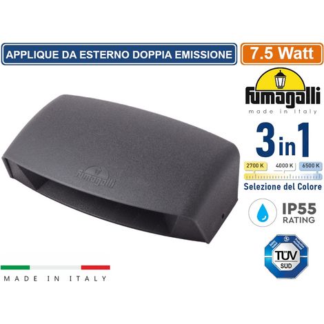 FUMAGALLI ABRAM 190 APPLIQUE DA ESTERNO DOPPIA EMISSIONE LUMNINOSA COLORE NERO 7.5W IP65 CAMBIA COLORE LUCE 3IN1 (1/2)
