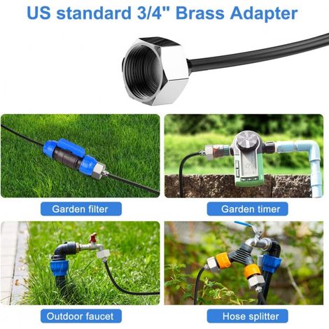 Système de brumisation et de refroidissement, ligne de brumisation de 8 m (26 pi) + adaptateur en laiton (3/4 po) pour brumisateur extérieur pour terrasse, jardin, serre (1/4)