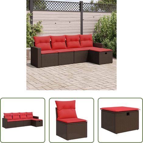 vidaXL Rattan - 5-tlg. Garten-Sofagarnitur mit Kissen Braun Poly Rattan (1/5)