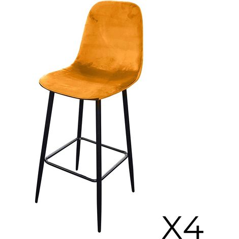 Set mit 4 Barhockern LOLY, Sitz und Rückenlehne aus gelbem Samt, Gestell aus schwarzem Metall