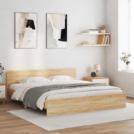 Estructura de cama cabecero y luces LED roble Sonoma 200x200 cm (1/5)
