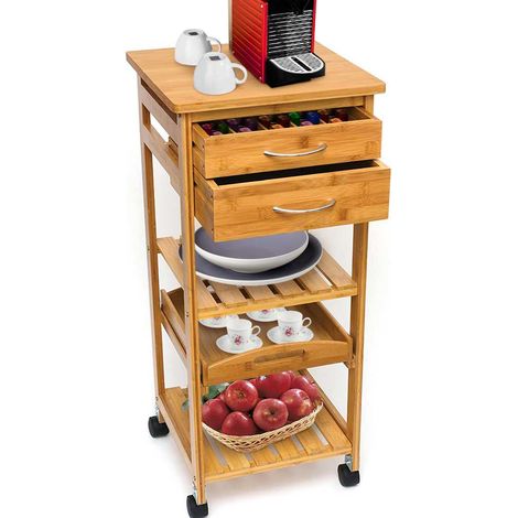 Carrello da Cucina In Legno Bambu 3 Ripiani 2 Cassetti Portaposate Vassoio Ruote (1/4)