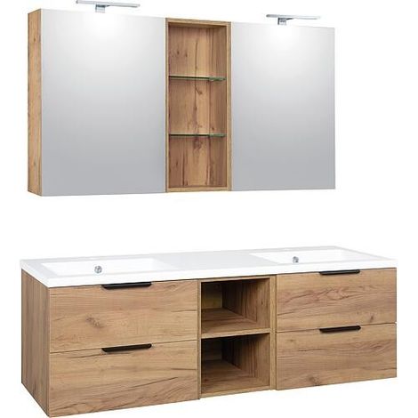 Ensemble meubles de salle de bain LOSSA avec Armoire à glace LED Chêne noueux et meubles sous-vasque Cortina 4 tiroirs + 2 (1/4)