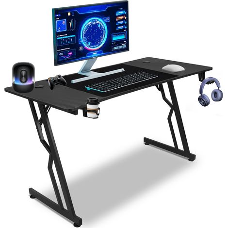 Randaco Bureau Gaming en Z-Forme avec Tapis de Souris, Porte-gobelet et Crochet pour Casque, Bureau Gamer 140x60cm, sans LED