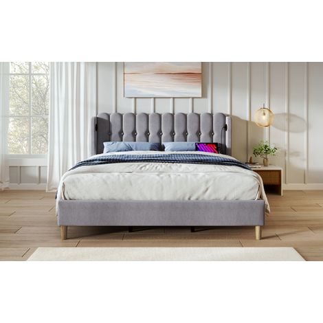 Lit deux places rembourré gris (180 x 200 cm) avec port de charge USB-C et sommier à lattes — convient aux chambres principales et chambres d'amis — revêtement effet lin (1/5)