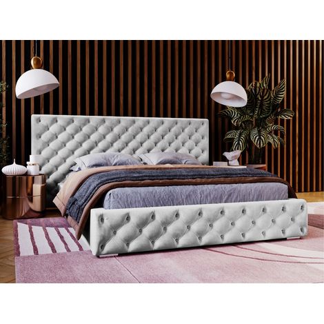 Lit rembourré avec rangement 140x200 velours gris clair Madera (1/2)