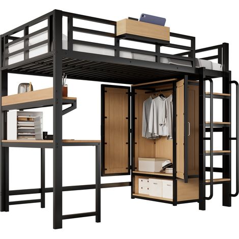 Lit mezzanine en métal et bois 90x200 cm noir et naturel avec bureau, armoire double porte, étagères et escalier à poignées pour chambre enfant CHICFURN (1/5)