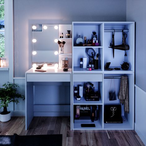 Schminktisch Isabelle, Weiß, 60 cm mit LED Beleuchtung und Schränken, Vicco