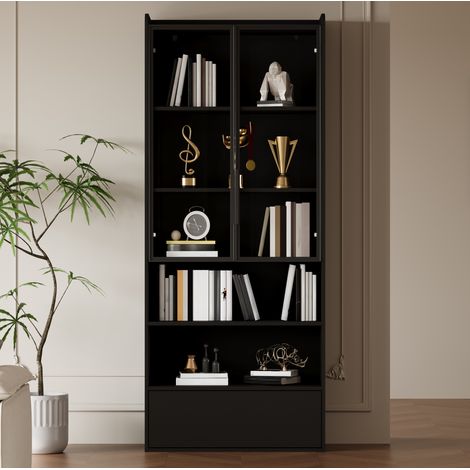 Mueble vitrina con LED y cajón MDF 80x34x180 cm OKMYHOME (1/5)