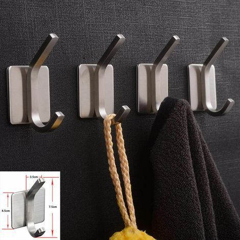 Crochets porte-serviettes, crochets 3M, crochets adhésifs pour salle de bain, crochets porte-serviettes muraux auto-adhésifs en acier inoxydable brossé, lot de 4 (1/4)