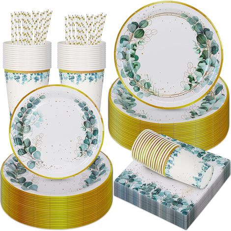 Assiettes et serviettes de table vert sauge, assiettes jetables vert sauge et or, décoration de table en eucalyptus, pour 25 personnes (ensemble (1/5)