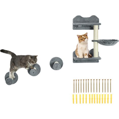 Arbre à Chat Mural Set 4 Pièces avec Griffoir Hamac et Marches d'Escalade 40x28x73cm Gris et Blanc Crème (1/5)