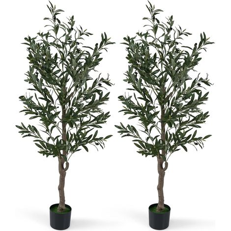 COSTWAY Olivo Pianta Finta 1,5 M, Set di 2 Alberi di Ulivo Artificiali con Frutti e Muschi Realistici, Tronco in PE, Foglie in Tessuto Multicolore, Ideale per Soggiorno, Camera da Letto e Ingresso