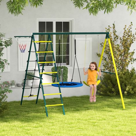 Set Altalene da Giardino Rotonda e Classica, Scalette in Acciaio e Corda e Canestro per Bambini 3-8 Anni