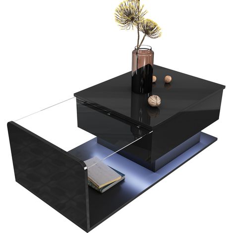 Mesa de centro elevable negra de alto brillo con cristal templado, LED y almacenamiento HOMVRA (1/5)