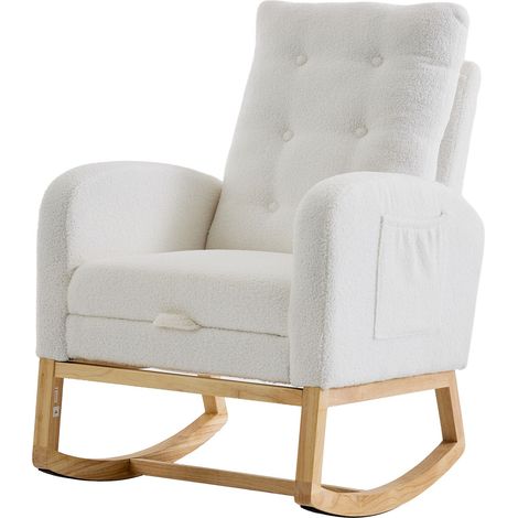Fauteuil à Bascule - 1 Place - Confort Moelleux - Bouclé - Porte USB & Coussins Inclus - 66.5 x 121.5 x 102 cm - Scandinave - Blanc (1/5)