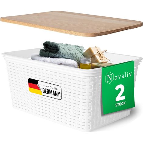 Novaliv lot de 2 paniers de rangement élégants avec couvercles en bois aspect rotin Plastique alimentaire blanc 14L Parfait pour la salle de bain
