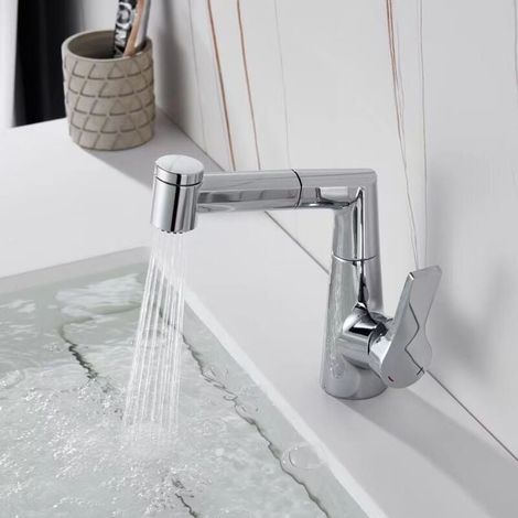 Grifo para lavabo de baño de color gris pistola, cuerpo de cobre, giratorio, extraíble, grifo multifuncional para lavabo con agua caliente y fría, color galvanizado, 1 unidad (1/4)