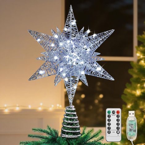 Etoile Sapin de Noel, Pointe d'Etoile Hexagonale pour Sapin de Noël Alimenté par Pile/USB avec Lumières LED + Base en Spirale, Decoration Noel pour Maison Salon Chambre Jardin - Argent (1/5)
