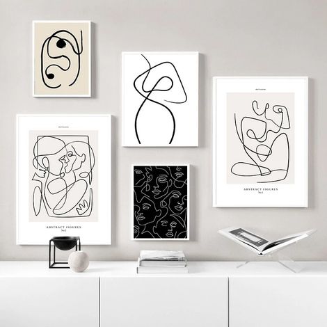 Lignes créatives, minimalistes et abstraites, motifs de visages humains, toiles décoratives, ensemble de 5 pièces, images contemporaines, tableaux po (1/5)