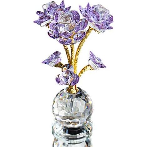 HDCRYSTALGIFTS Kristall-lila Blumenstatue, Glasrosen-Figurine für die Heim- und Hochzeitsdekoration, Glasblumen-Figurinen-Sammlerstücke