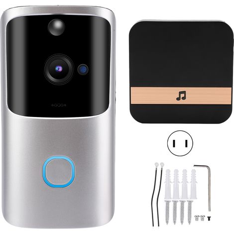 Sonnette vidéo WiFi intelligente argentée, interphone avec contrôle à distance, alarme de surveillance, 90-260V prise US. (1/5)