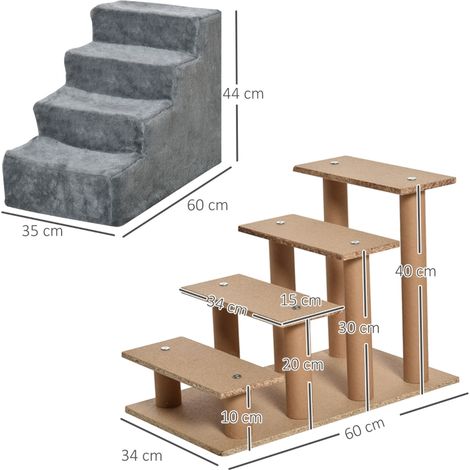 Escalier 4 marches pour chien et chat, 35 cm de haut, rampe pour lit et canapé, adapté aux petits animaux jusqu'à 5 kg, revêtement en peluche douce, teinte gris clair (1/5)