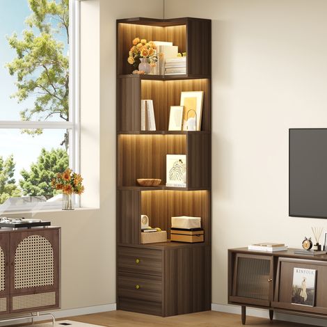 Modernluxe - Étagère d'angle en L 45 x 43,5 x 180 cm - avec éclairage LED - 2 tiroirs et 4 niveaux de rangement - MDF - Marron