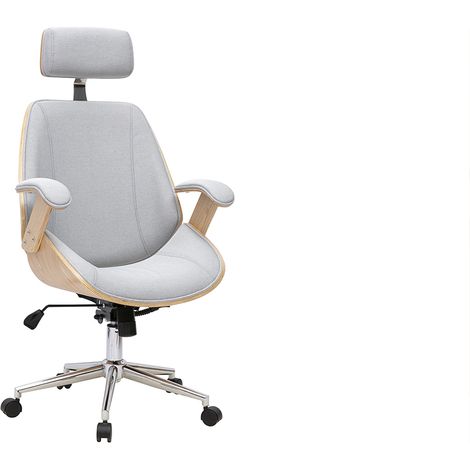 Design-Bürodrehstuhl in grauem Stoff, hellem Holz und verchromtem Stahl MUSK