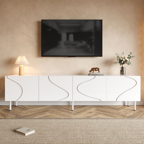 TV-Lowboard 170 x 35 x 50 cm mit 4 Push-to-Open-Türen aus Spanplatte und MDF, weiße Metallfüße (1/5)