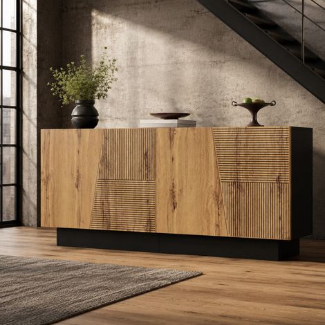 CHICFURN Aparador 160 x 40 x 72 cm de aglomerado negro y madera, gran almacenaje (1/5)
