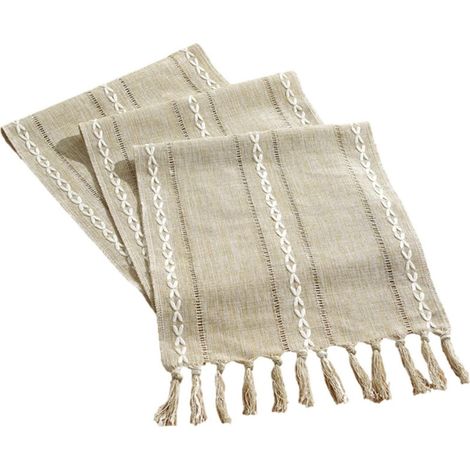 Tischläufer Landhausstil mit Quasten und Hohlsaum Khaki 32 x 160 cm