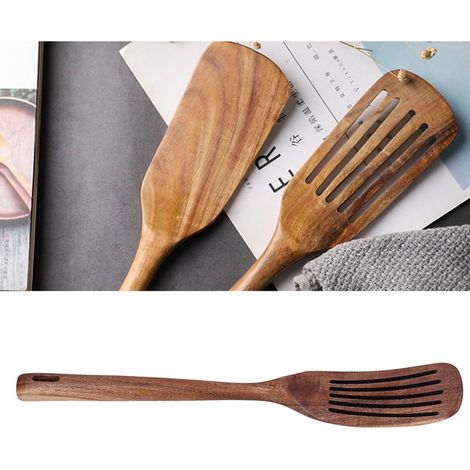 Spatule japonaise en teck à long manche perforée, spatule de cuisine simple, pour wok, spatule ajourée (1/5)