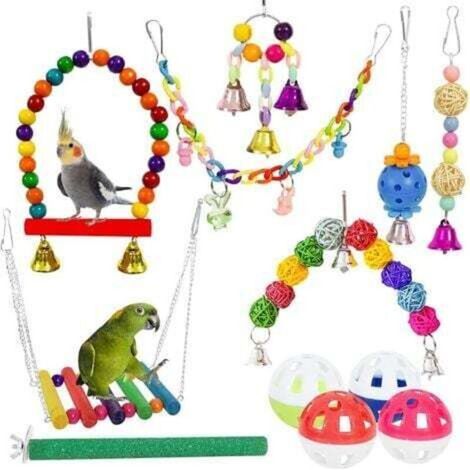 Ensemble de 12 pièces de balançoire de jouet à mâcher d'oiseau de jouet de perroquet, balançoire de jouet d'oiseau coloré, échelle de pont, jouet de cloche suspendue, jouet à mâcher d'oiseau (1/5)