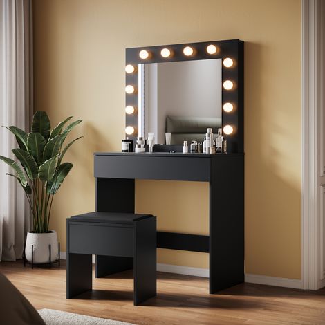SIRHONA Tocador Mesa de Maquillaje con Taburete Acolchado 3 Colores Luz Regulable Bombillas LED Mesa Tocador con Cajones Espejo Estilo Moderno 80x40x140cm Negro (1/5)