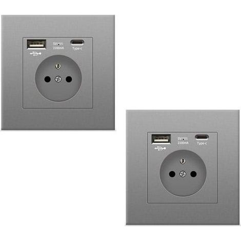 (2 prise) murale grise avec USB et Type C, prise de courant en verre, 2100mA, 5v (1/4)