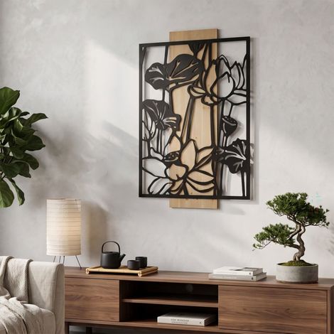 Décoration murale fleurs métal 60x90 cm Noir et Bois (1/5)