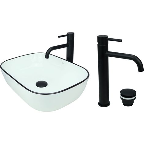 GTM Design Aufsatzwaschbecken 46 cm Glanz Set mit Waschtischbatterie und Stopfen - Aufsatzwaschbecken Oval für Badezimmer - Modernes Waschbecken ohne Hahnloch - Waschbecken mit Armature (1/5)